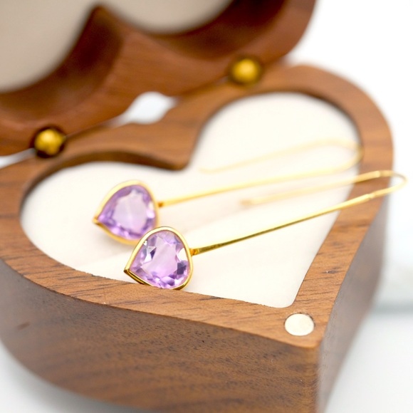 14K Yellow Gold Amethyst Drop earrings 1.5” dangle minimalist Luxe jewelry - Picture 13 of 14